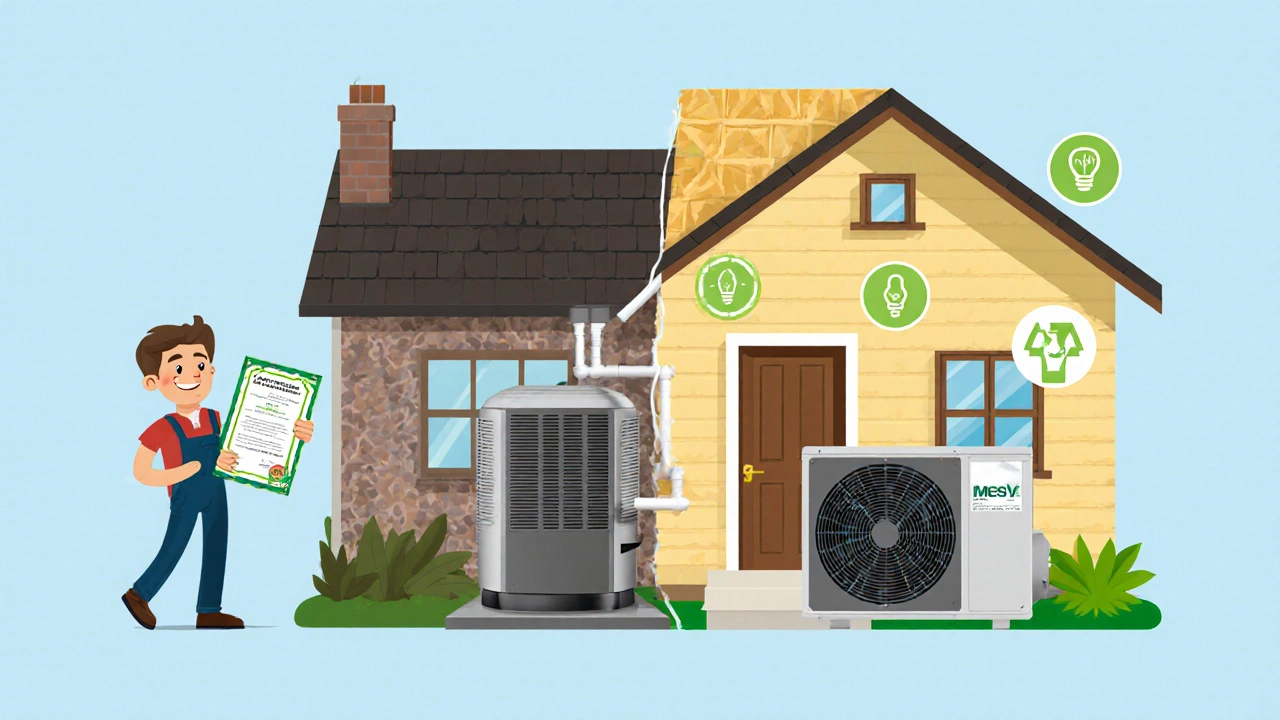 Hausbesitzer ersetzt alte Ölheizung durch Wärmepumpe, mit Vergleich von alt und neu in einem Bild.