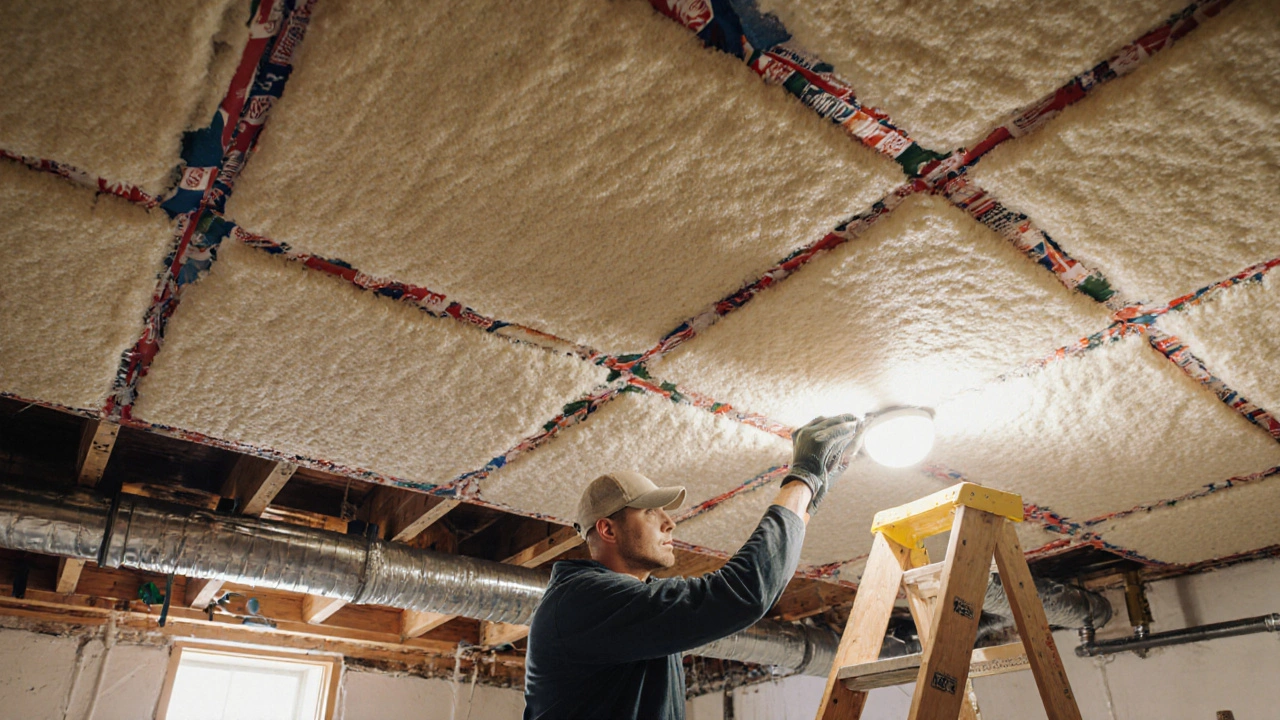 Heimwerker verlegt PIR-Dämmplatten unter der Kellerdecke mit dichtenden Hülsen um Rohre.