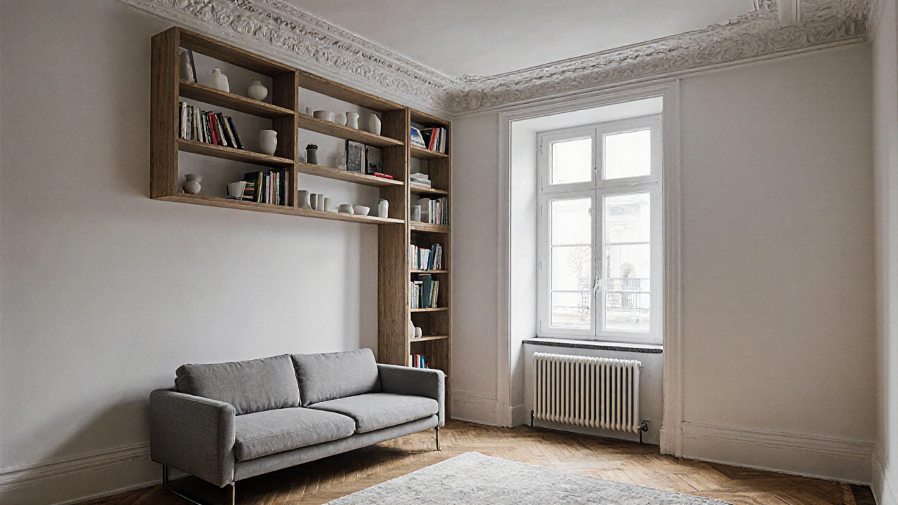 Hohe Decke mit Stuck, schlanke Bücherregale bis zur Decke, modernes Sofa und freiliegendes Parkett – intelligente Raumnutzung im Altbau.