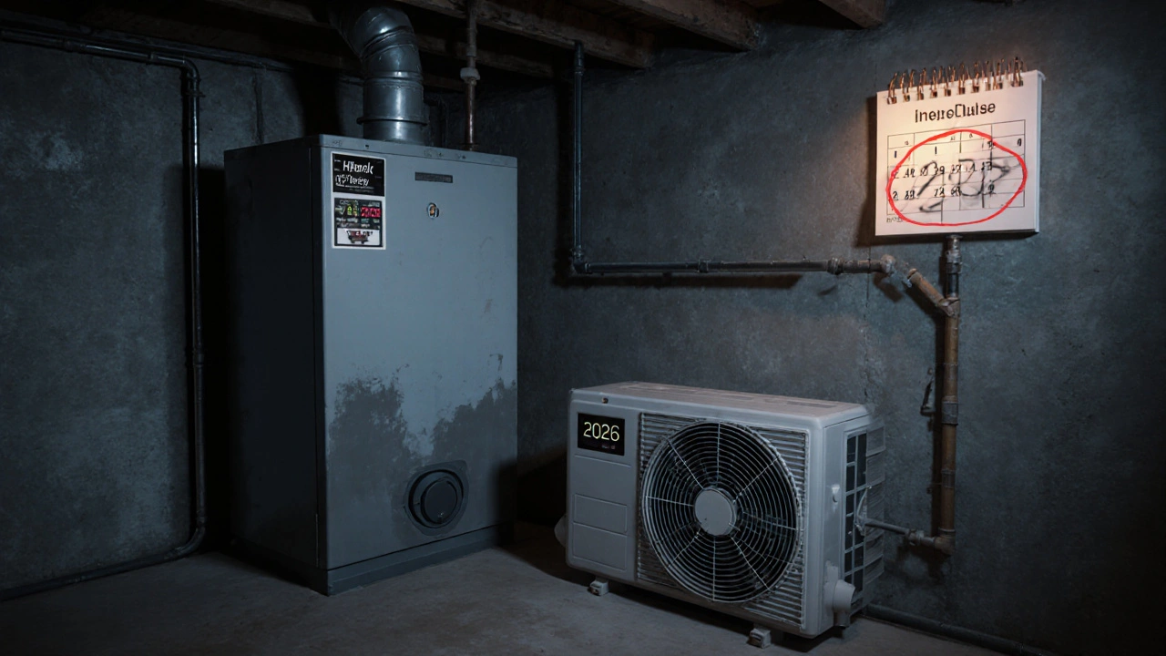 Hybridheizung im Keller mit Gasbrenner und Wärmepumpe, Datum 2026 im Hintergrund