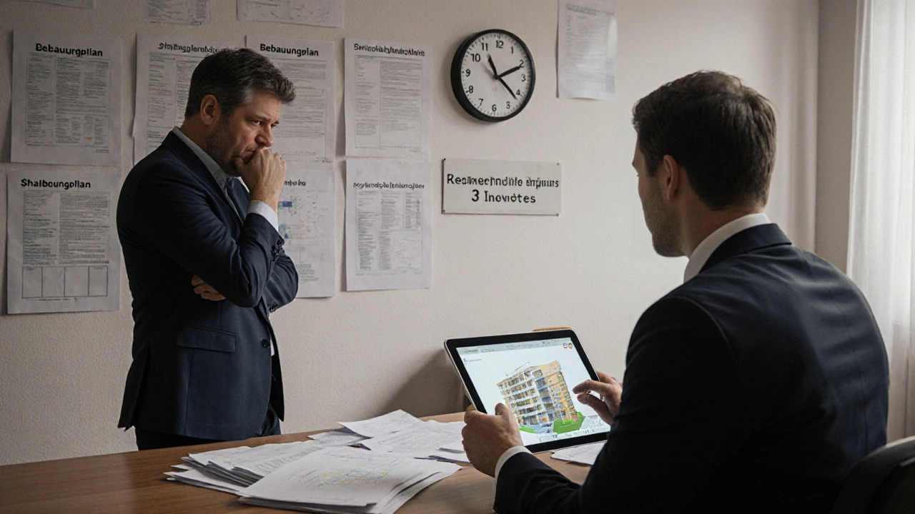 Immobilienbesitzer vor einem Berg an Baugutachten, Architekt prüft digitale Baupläne.