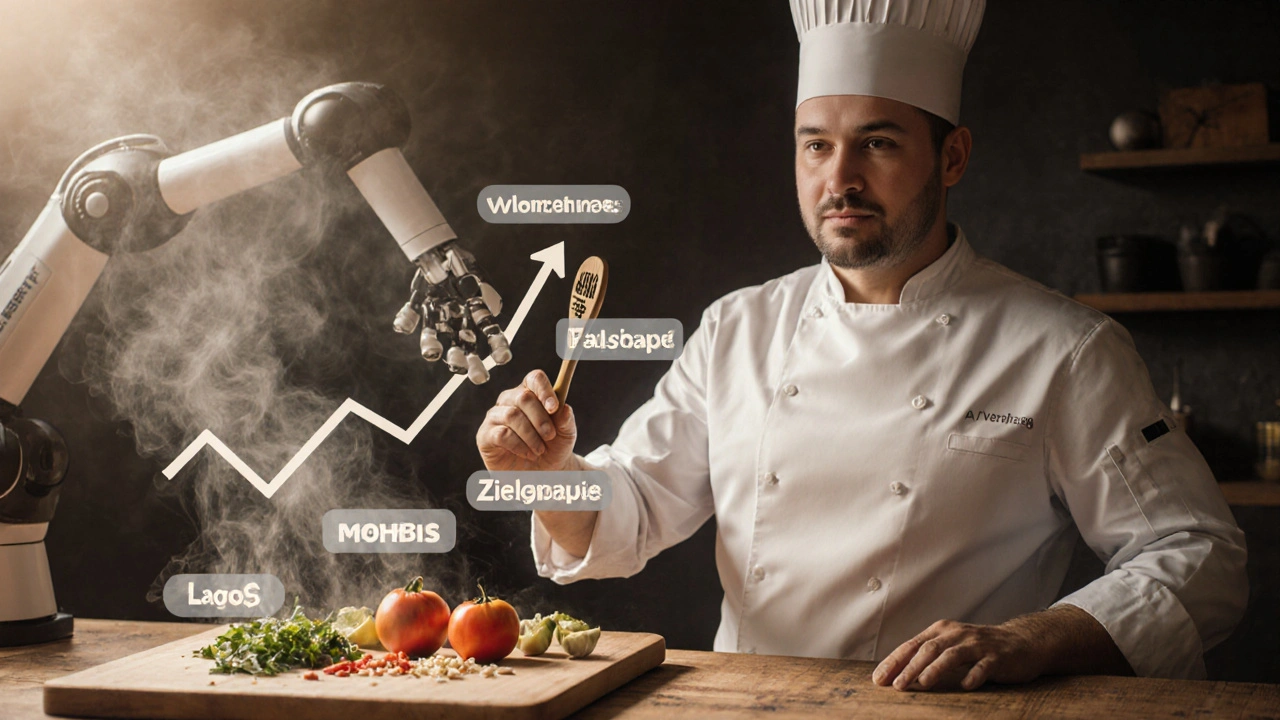 Immobilienmakler als Koch, der mit KI-Hilfe ein Exposé zubereitet – Zutaten wie Wohnfläche und Lage auf einem Holzbrett, Dampf formt eine steigende Kurve.