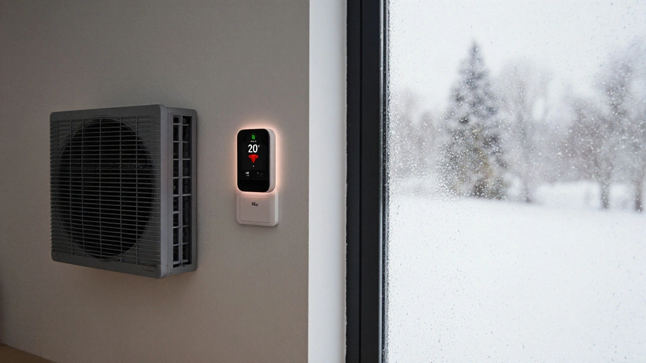 Intelligenter Luftfeuchtigkeitssensor mit Warnlicht und Lüftungsgerät neben einem trockenen Fenster.