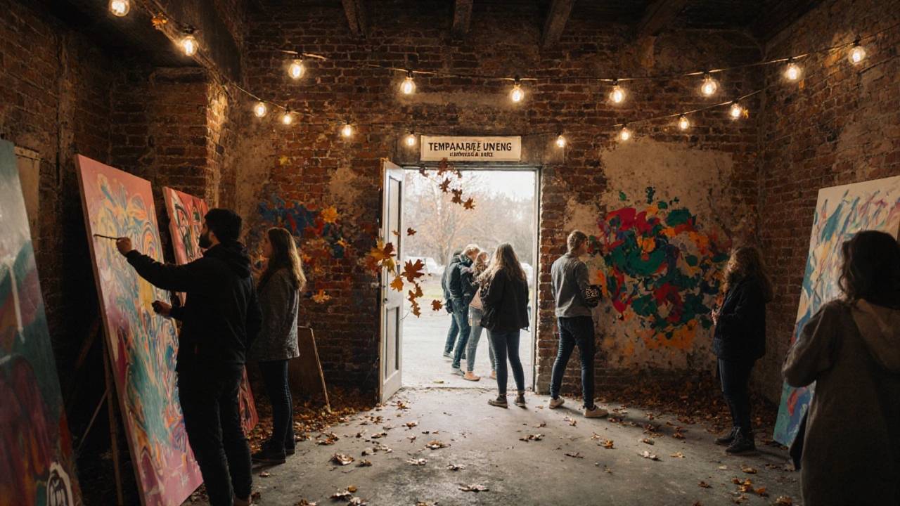 Kulturelle Zwischennutzung in einem ehemaligen Gewerbegebäude mit Künstlern und Besuchern bei einer Ausstellung.