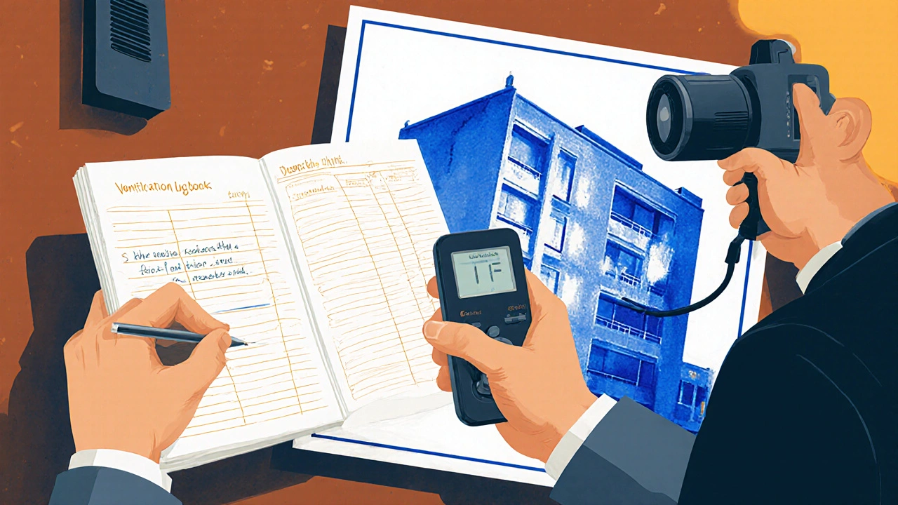 Mieter mit Lüftungstagebuch und Hygrometer, Vermieter mit Wärmebildkamera und Bauplan.