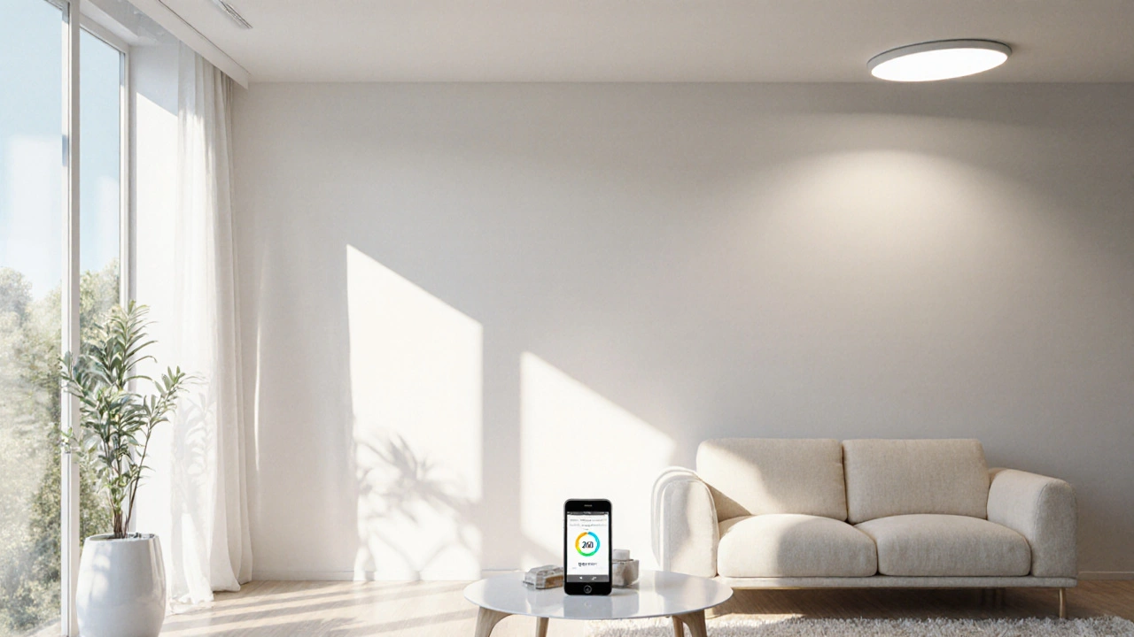 Modernes Wohnzimmer mit dynamischem Licht, das kühles Tageslicht nachahmt und die Sehkraft unterstützt.