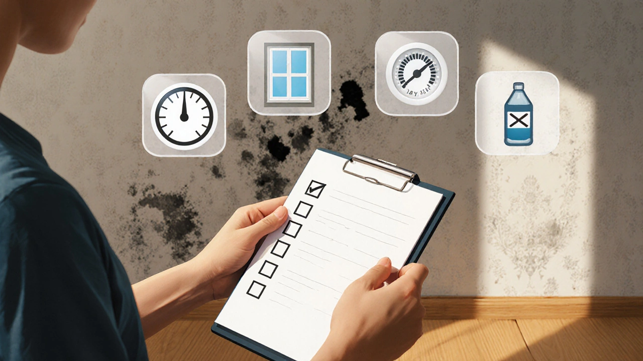 Person mit Schimmel-Checkliste vor einer beschädigten Wand, umgeben von symbolischen Lösungs-Icons.