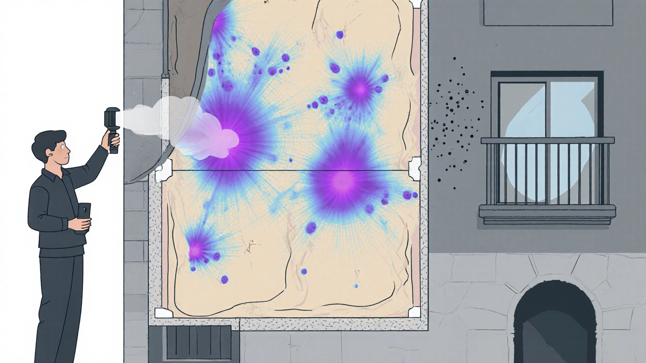 Querschnitt einer Wand mit verstecktem Schimmel und Wärmebrücken, dargestellt mit Thermokamera-Effekt.