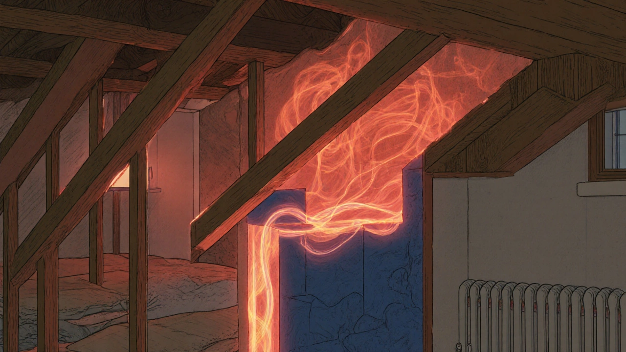 Schnittansicht eines Hauses mit sichtbaren Wärmeströmen an schlecht gedämmten Stellen wie Dachanschluss und Wandbodenübergang.