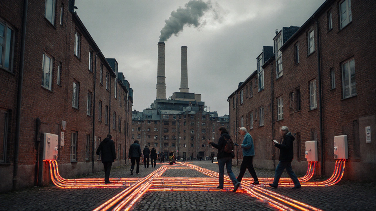 Stadtviertel mit unterirdischer Fernwärmeleitung und zentraler Energieanlage