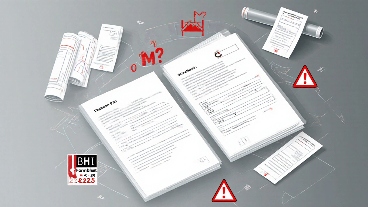 Technische Darstellung einer korrekt formulierten Baupreisgleitklausel mit Formel und offiziellen Index-Logos neben einem fehlerhaften Vertrag.