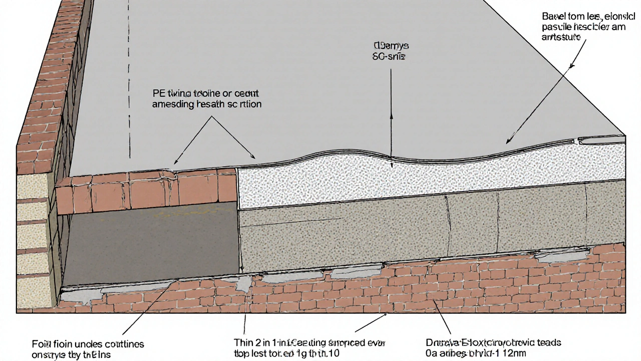 Technische Querschnittsdarstellung dreier Kellerbodensanierungsverfahren mit Materialdicken.