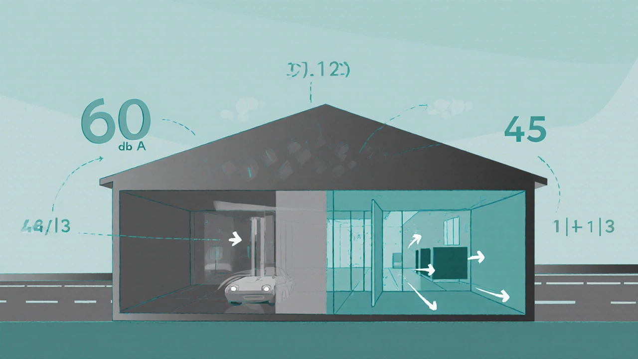 Transparentes Haus mit visueller Darstellung von Lärmpegeln von der Straße versus dem ruhigen Innenhof.
