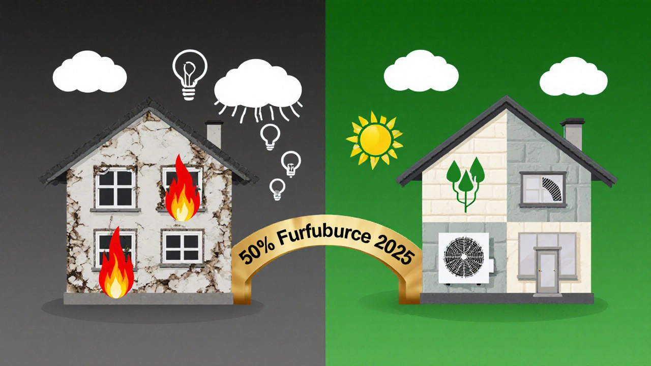 Vergleich: altes, ineffizientes Haus links, energieeffizientes Haus rechts mit Förderungspfeil