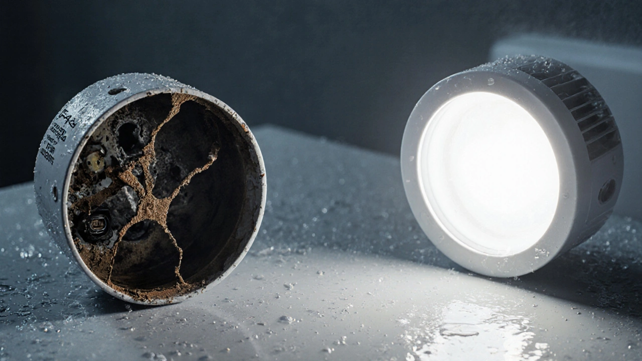 Vergleich: defekte IP44-Leuchte mit Rost und intakte IP65-Leuchte auf nasser Fläche.
