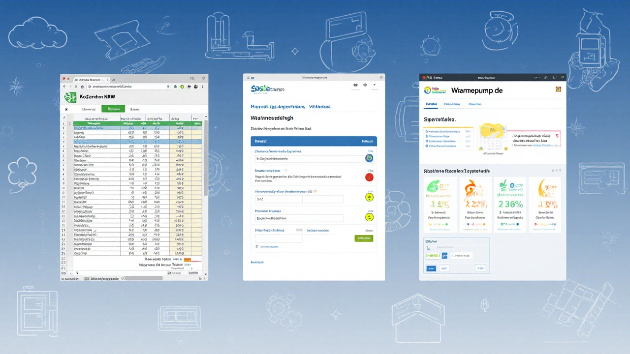 Vergleich der drei wichtigsten Heizungsförderrechner in minimalistischem Infostil.