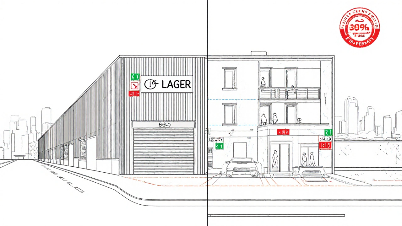 Vergleich von Lager- und Wohnnutzung mit rechtlichen Anforderungen wie Ausgänge und Parkplätze.