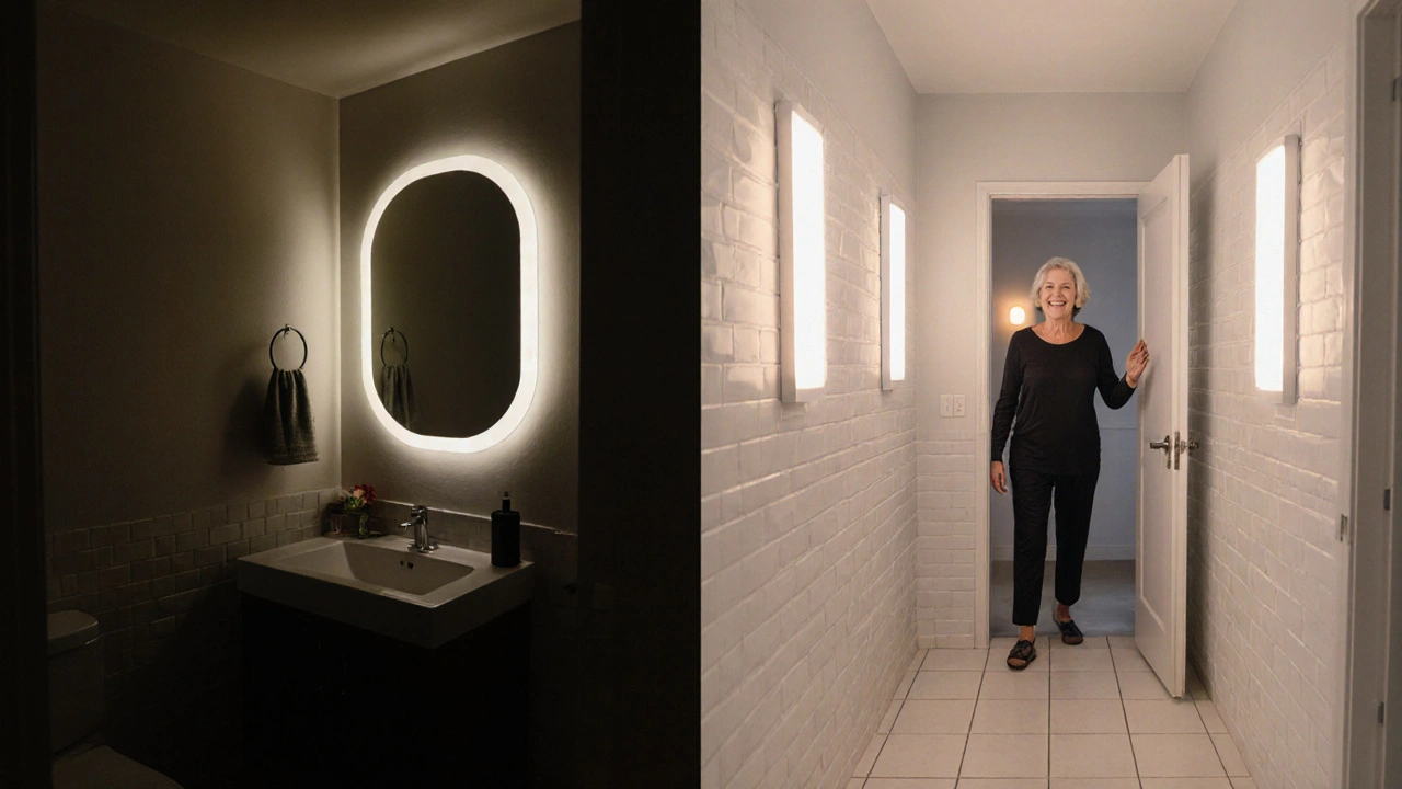 Vergleich von schlechter und altersgerechter Badezimmerbeleuchtung mit indirektem Licht und automatischer Aktivierung.