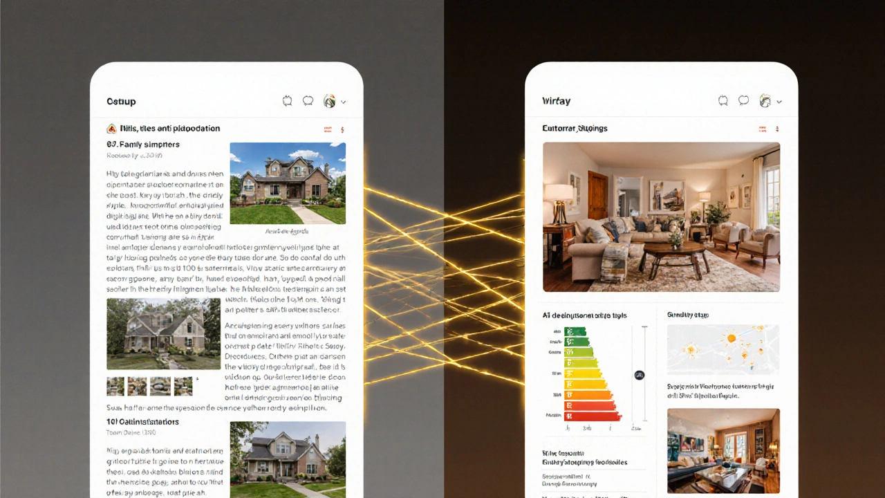 Vergleich zweier Immobilienexposés: links langweilig und unpersönlich, rechts lebendig mit emotionaler Textgestaltung und virtuellem Homestaging.