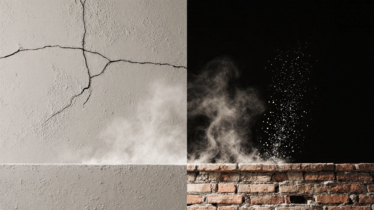 Vergleich zweier Putzarten: rissiger Zementputz über Dämmung vs. elastischer Kalkputz an Ziegelwand.