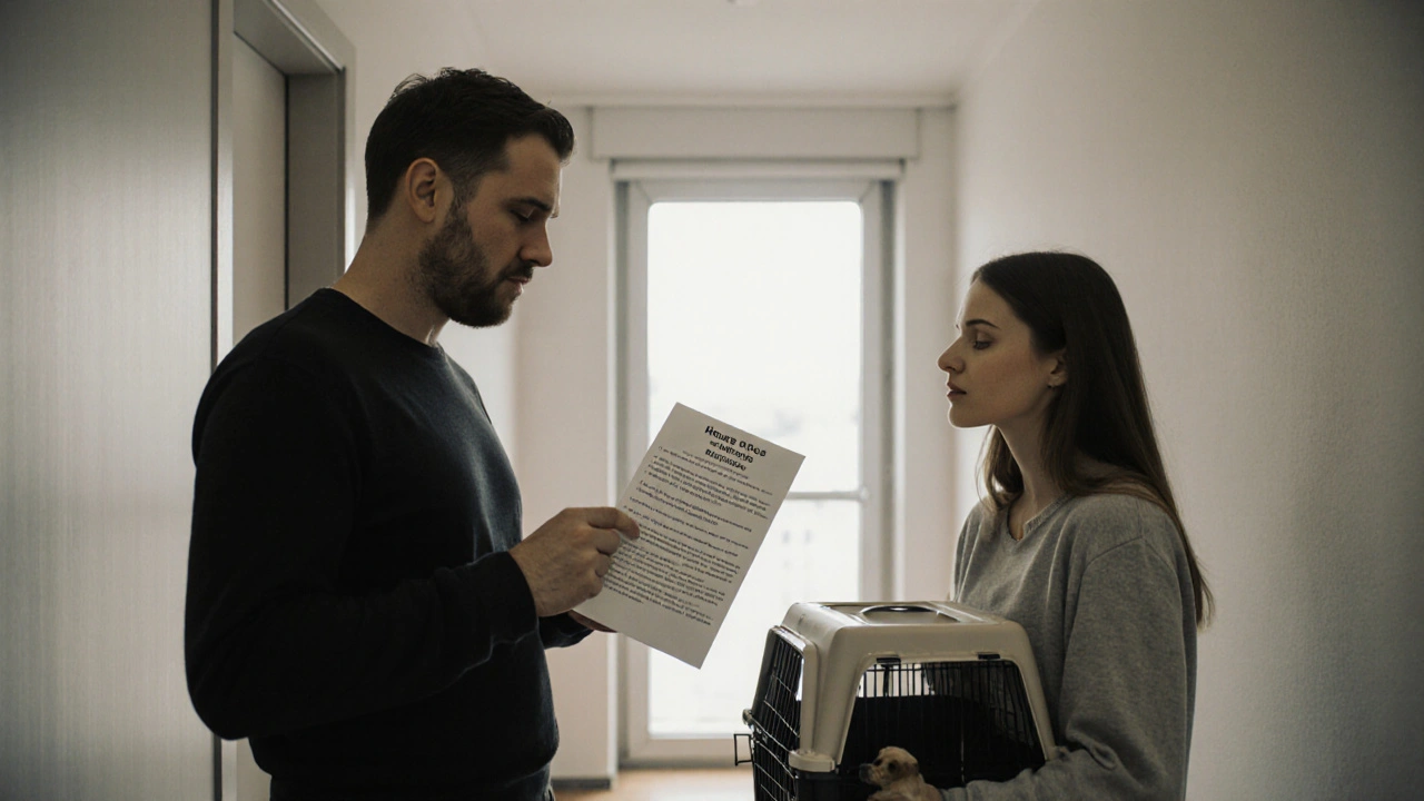 Vermieter erklärt einem Interessenten die Hausordnung im Flur einer Wohnanlage.