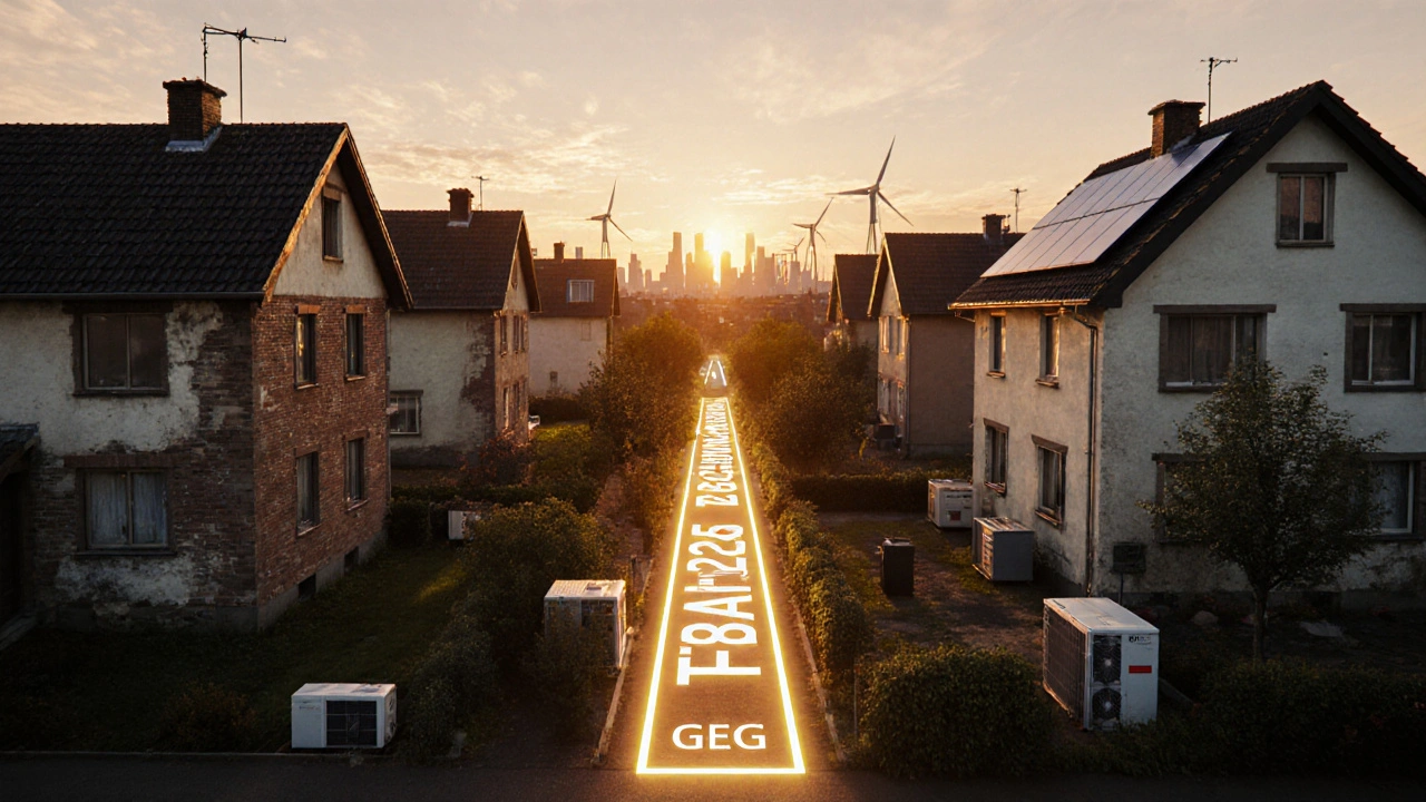 Viertel mit alten und neuen Häusern, verbunden durch einen leuchtenden Pfad zur energieeffizienten Zukunft.