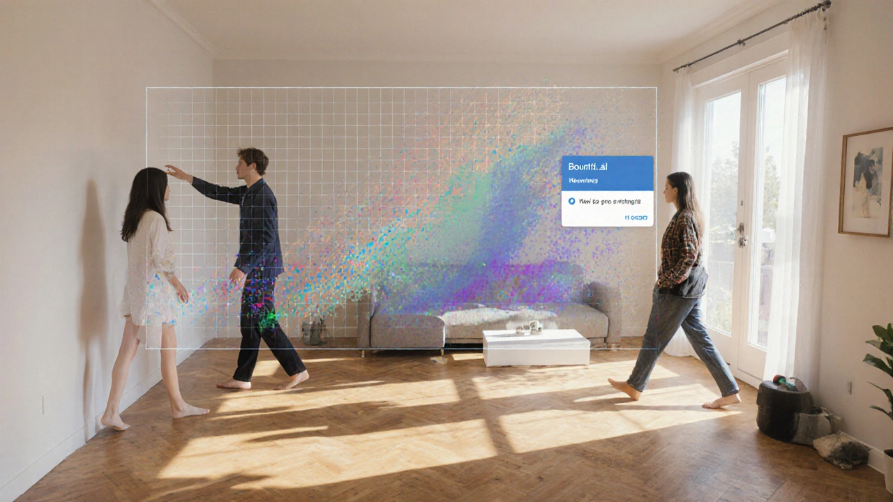 Virtuelle 3D-Übersicht schwebt über einem realen Wohnzimmer mit Besuchern.