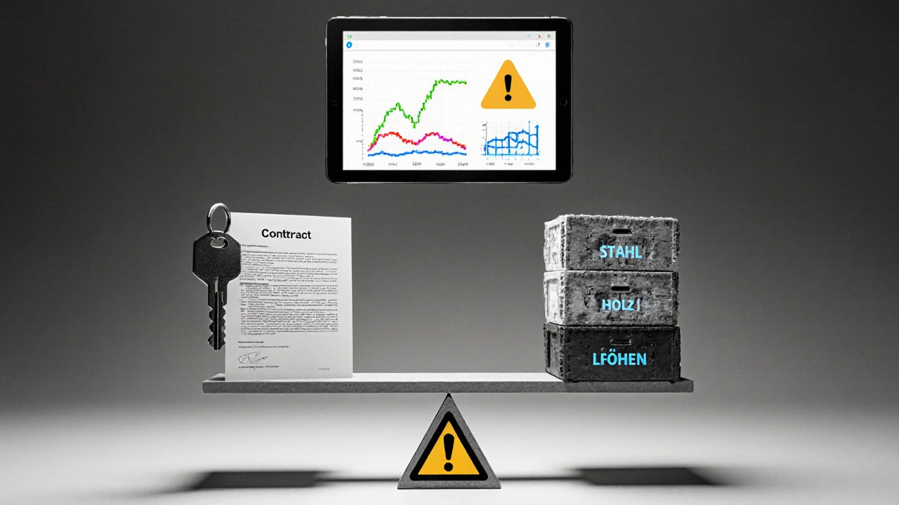 Waage mit Bauvertrag auf einer Seite und steigenden Materialkosten auf der anderen, digitale Preisgrafik darüber.