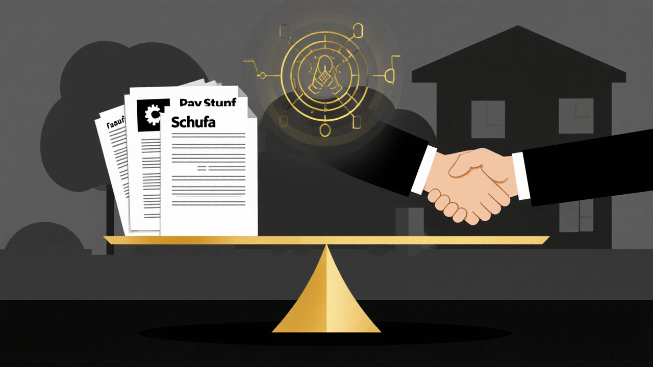 Waage mit Mietunterlagen auf einer Seite und einem Händedruck mit Haus auf der anderen.