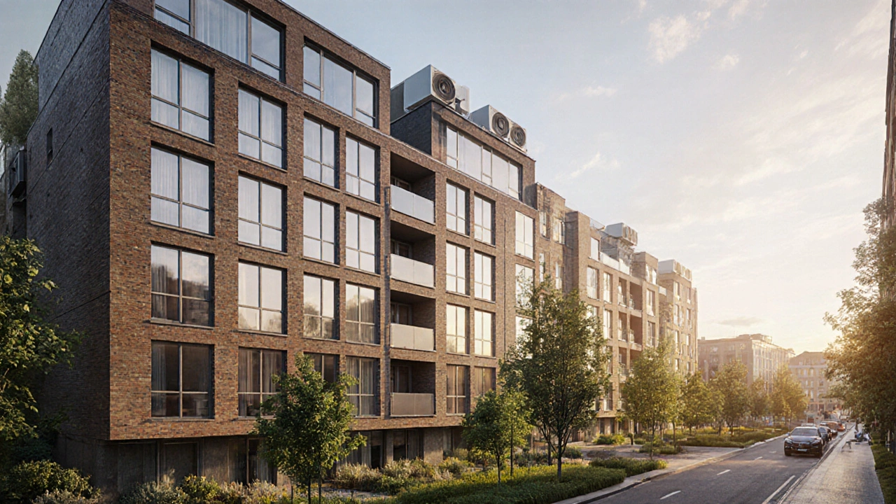 Wohnanlage in Hamburg mit Fenstern zum ruhigen Innenhof, schallisolierte Fenster und versteckte Lüftungstechnik bei Sonnenaufgang.