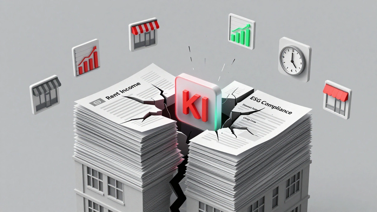 A building made of financial documents cracking under pressure from rising costs and ESG compliance demands.