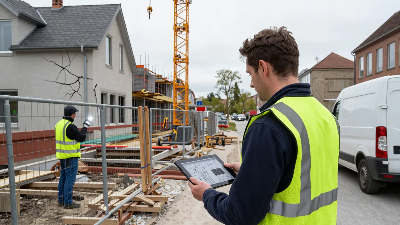Bauherr prüft geotechnische Daten an einer Baustelle neben einem gerissenen Nachbarhaus.