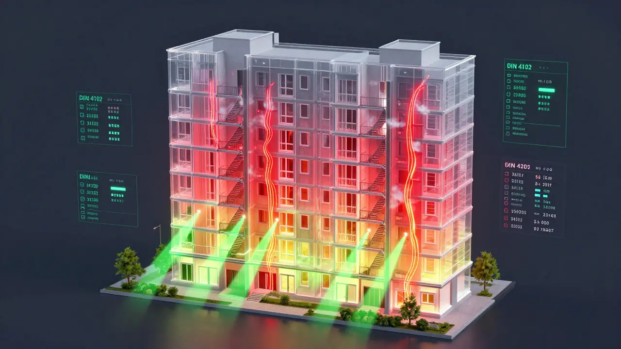 Digitaler 3D-Modellansicht eines Gebäudes mit Wärmesignalen und automatischen Brandschutzmaßnahmen.