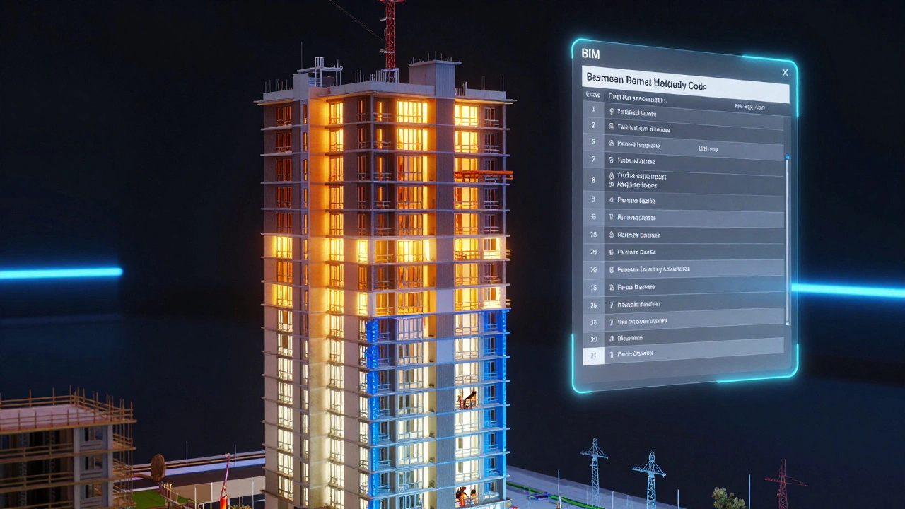 Digitales BIM-Modell eines Wohnhochhauses mit visualisierten Brandschutzelementen und Bauregeln.