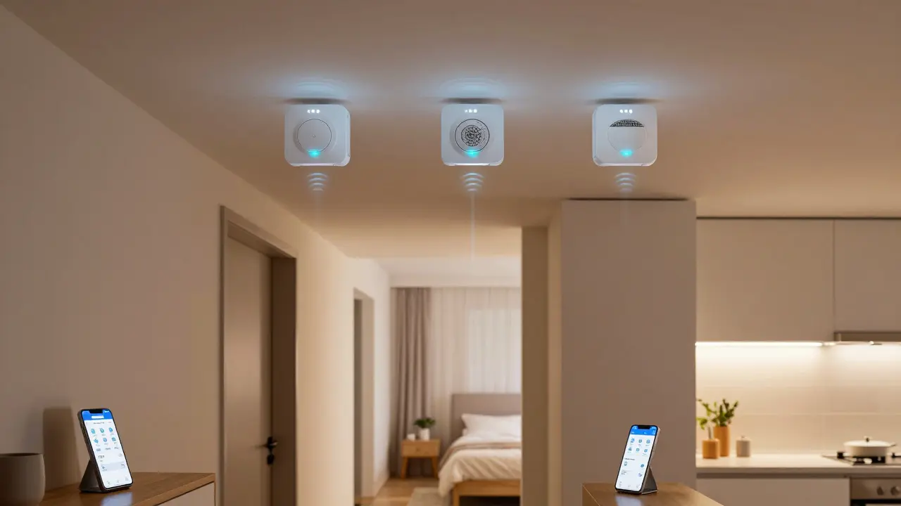 Drei vernetzte Rauchmelder an der Decke eines Wohnzimmers, mit LED-Indikatoren und Smartphone-App im Hintergrund.