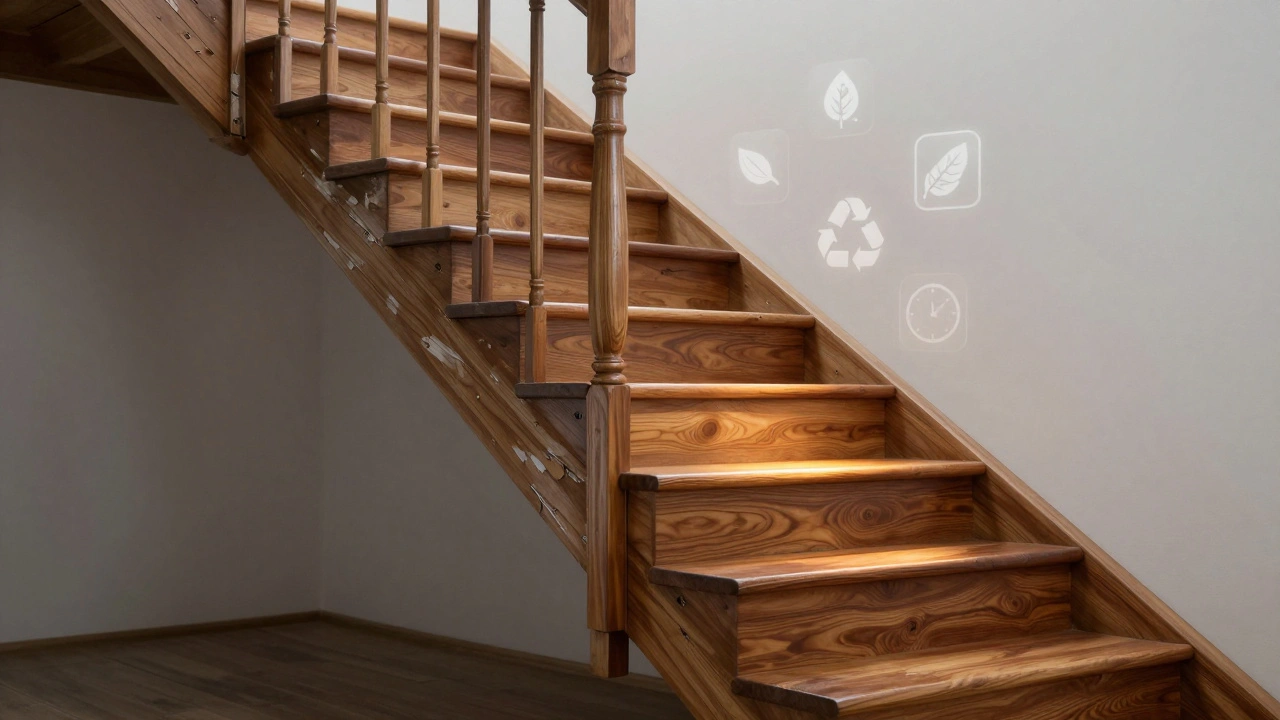 Gespaltene Treppe: links alt und beschädigt, rechts neu und glänzend mit betonter Holzmaserung.