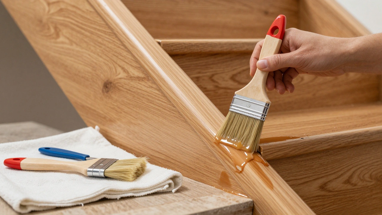 Hand mit Pinsel, der Lack an einer Treppenkante mit einer Führungslinie aufträgt.