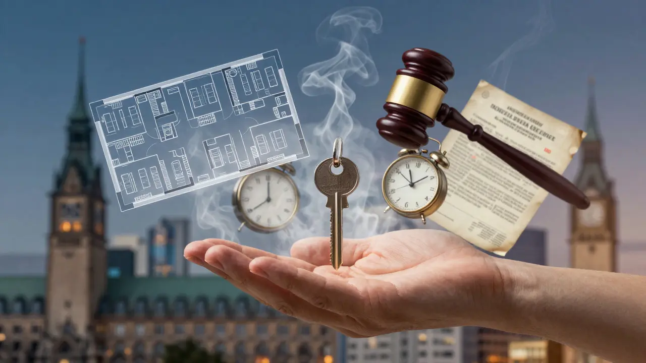 Hand mit Schlüssel, umgeben von symbolischen Elementen des kommunalen Vorkaufsrechts.