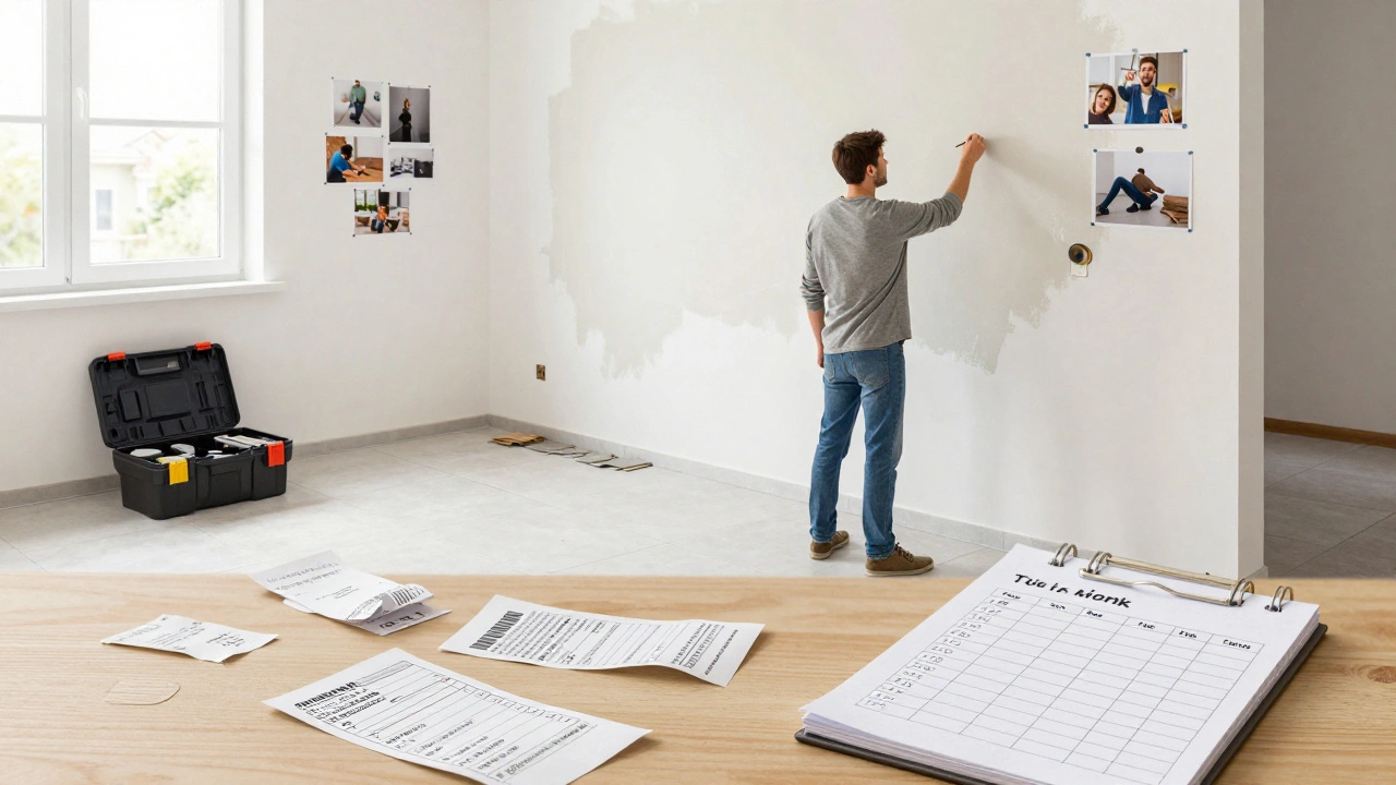 Hausbesitzer führt Eigenleistungen wie Streichen und Fliesenlegen durch, mit Dokumenten und Fotos zur Steueroptimierung.