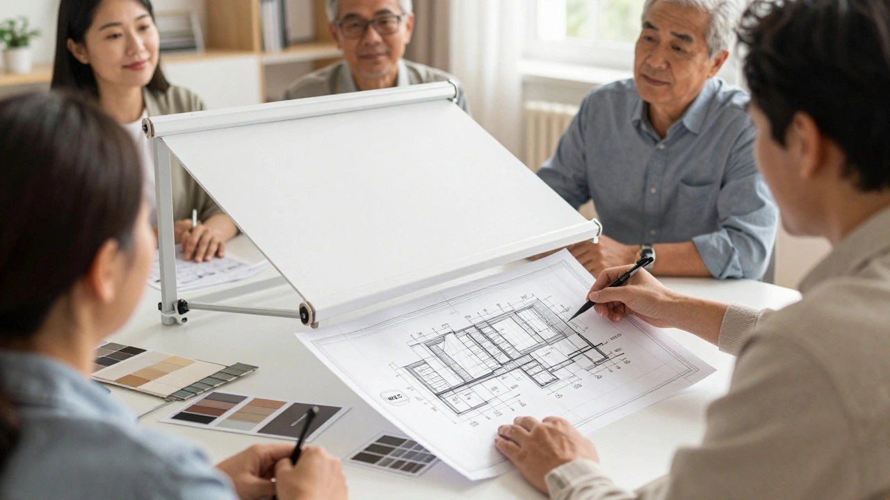 Hausbesitzer präsentiert Pläne für eine Markise bei einer WEG-Sitzung, andere hören aufmerksam zu.