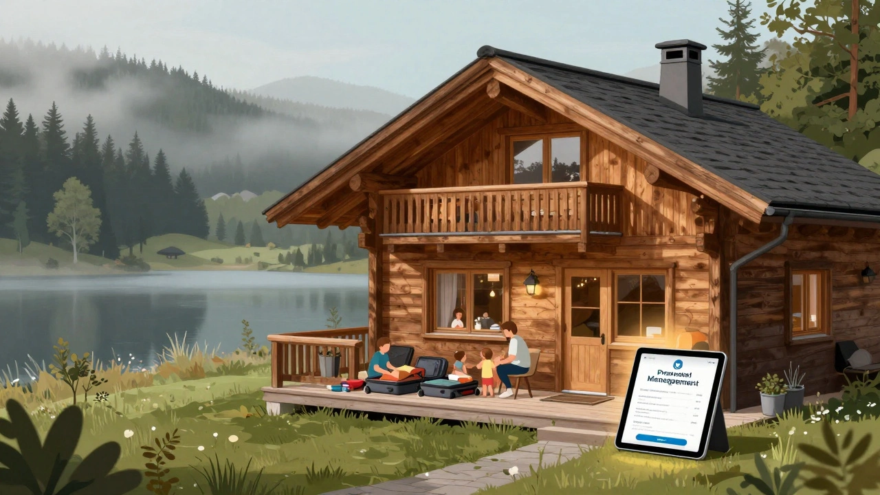 Holzchalet in der Eifel mit Familie und Management-Tablet am Balkon, umgeben von Wald und See.