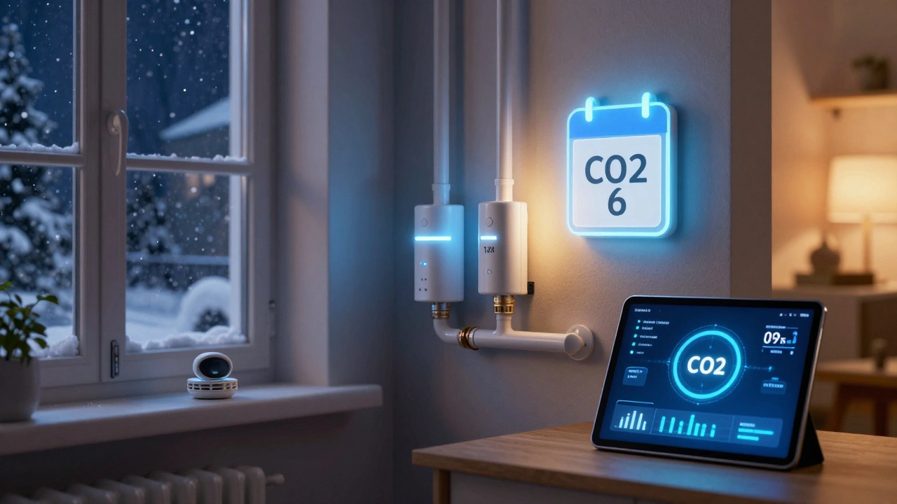 Intelligente Heizungsanlage mit Sensoren und Energie-Tracking-Display.