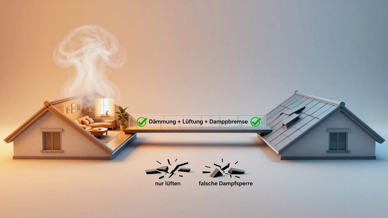 Konzeptuelles Bild eines ausgewogenen Dachsystems mit Dämmung, Lüftung und Dampfbremse als Lösung, neben fehlgeschlagenen Einzellösungen.