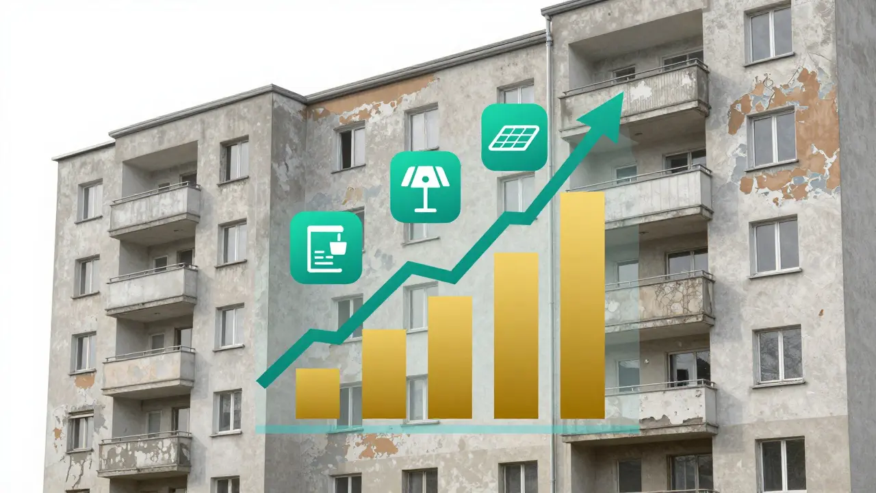Konzeptuelles Bild: Steigende Rendite über einem Wohnhaus mit Symbolen für Energieeinsparung, Solarstrom und digitale Vermietung.