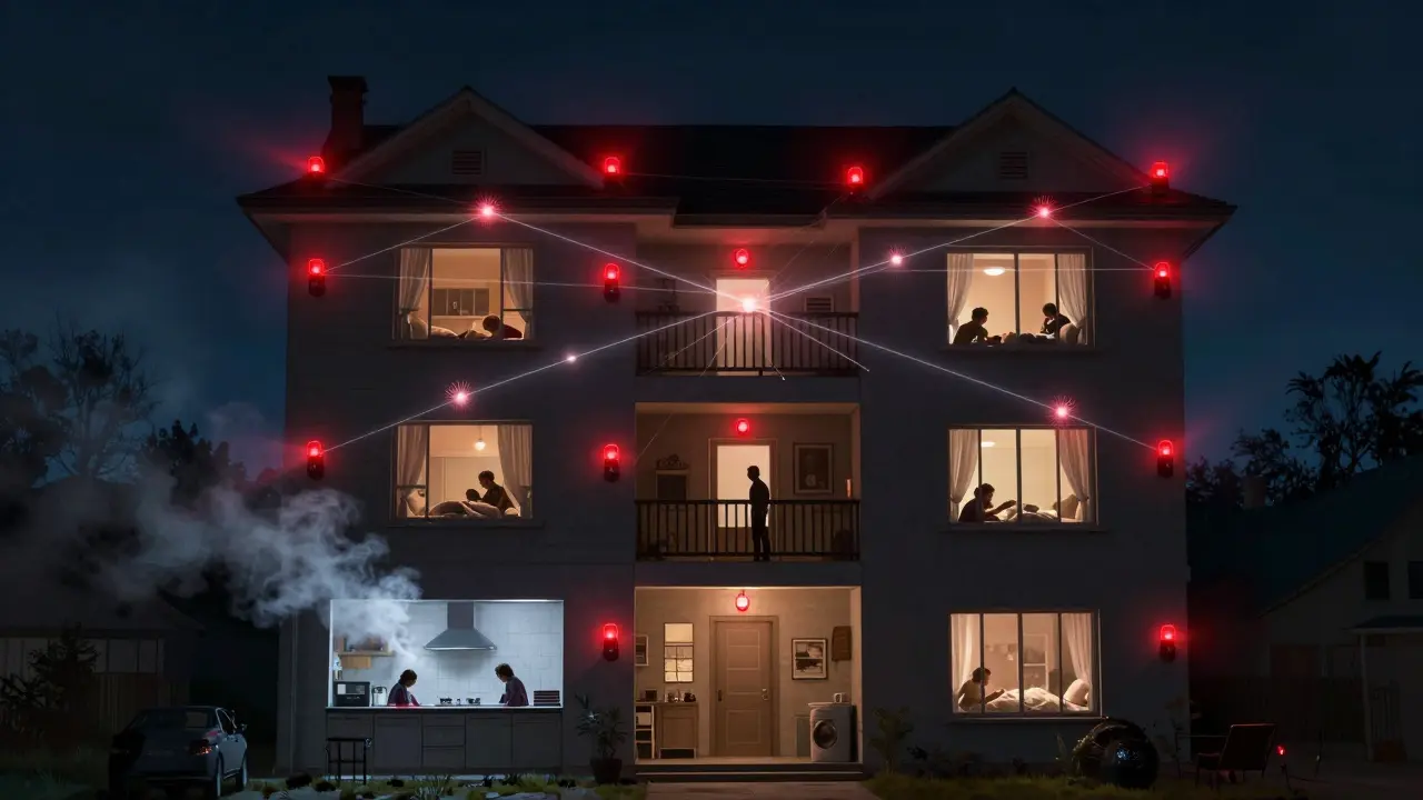 Mehrfamilienhaus mit synchron alarmierenden Rauchmeldern, die durch drahtlose Signale verbunden sind.