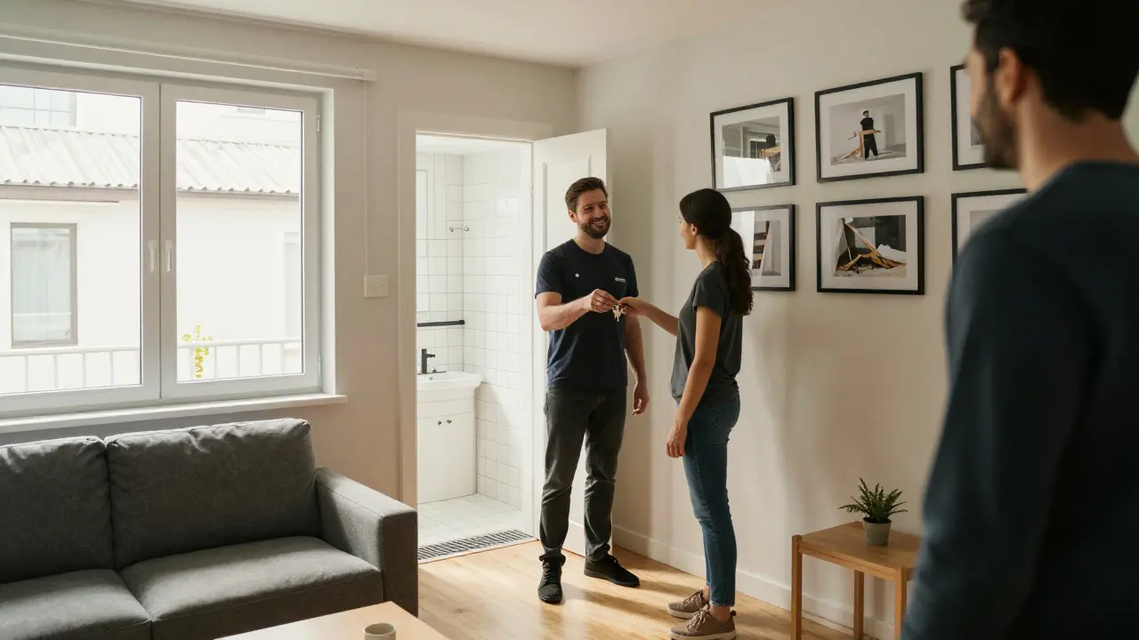 Modernisierte Wohnung mit neuen Fenstern und Heizung, Vermieter reicht Schlüssel an Mieter.