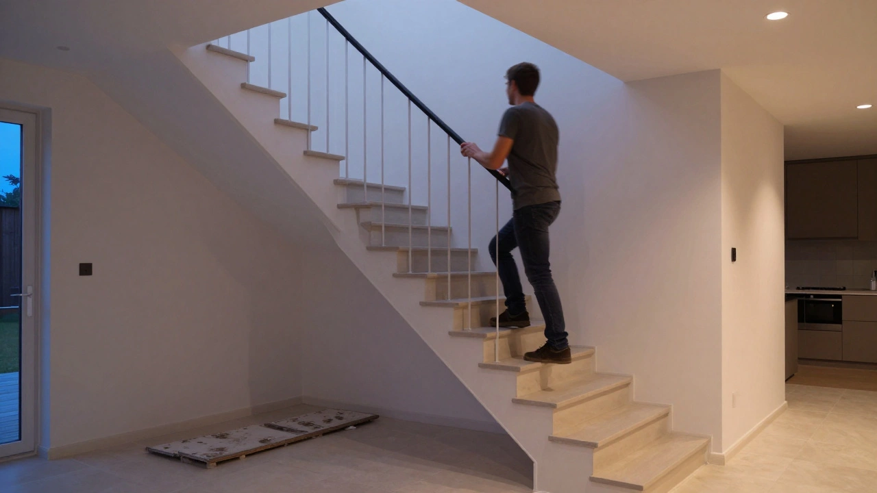 Neue, polierte Treppenstufen in einem modernen Wohnhaus, sicher und einladend.