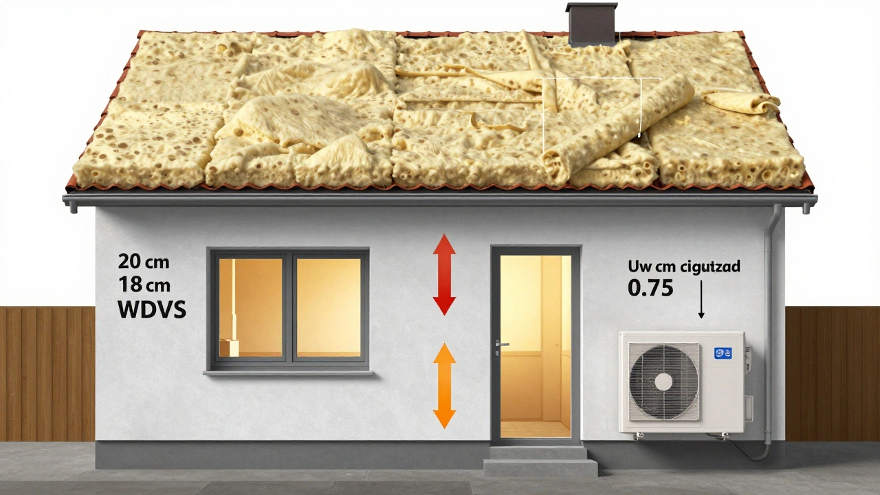 Querschnitt eines saniereten Hauses mit Dach-, Fassaden- und Fensterdämmung sowie Wärmepumpe, Wärmeverluste reduziert.