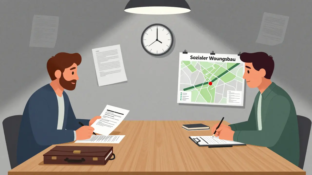 Städtischer Verwaltungsraum mit Konflikt zwischen Eigentümer und Stadtplaner über Vorkaufsrecht.