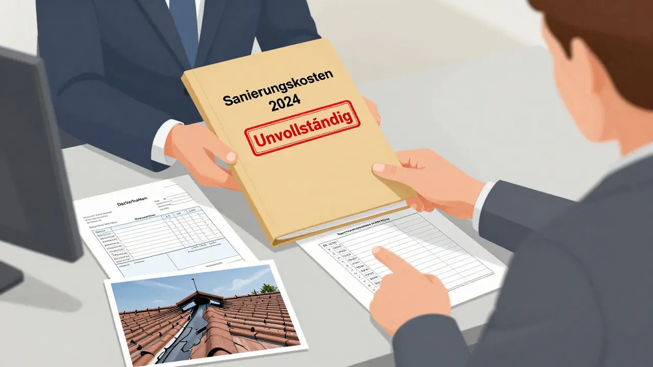 Steuerbeamter lehnt einen Sanierungsantrag ab, weil die Rechnung ungenau ist, während eine korrekte Rechnung danebenliegt.